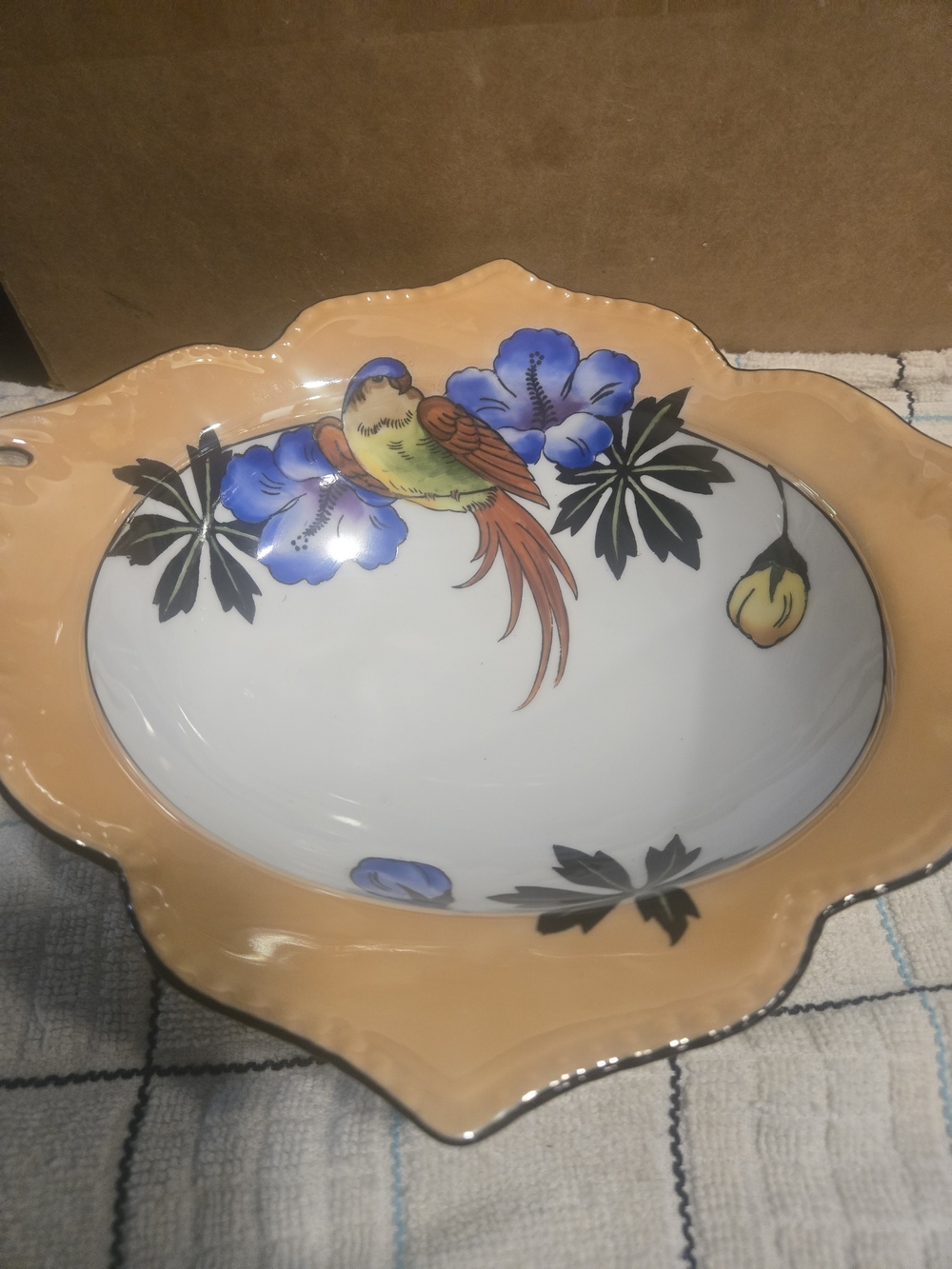 Vintage Noritake Porcelain Hand-Handled Bowl Peach Lusterware Parrot Pattern